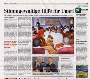 Pressebericht Tiroler Tageszeitung vom 21.10.2009: "Stimmgewaltige Hilfe für Ugari"