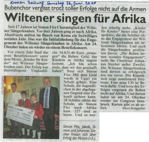 Kronenzeitung vom 26.06.2010: Wiltener singen für Afrika