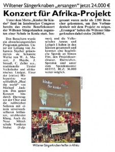 Tiroler Kronenzeitung vom 27.10.2010: "Konzert für Afrika-Projekt"